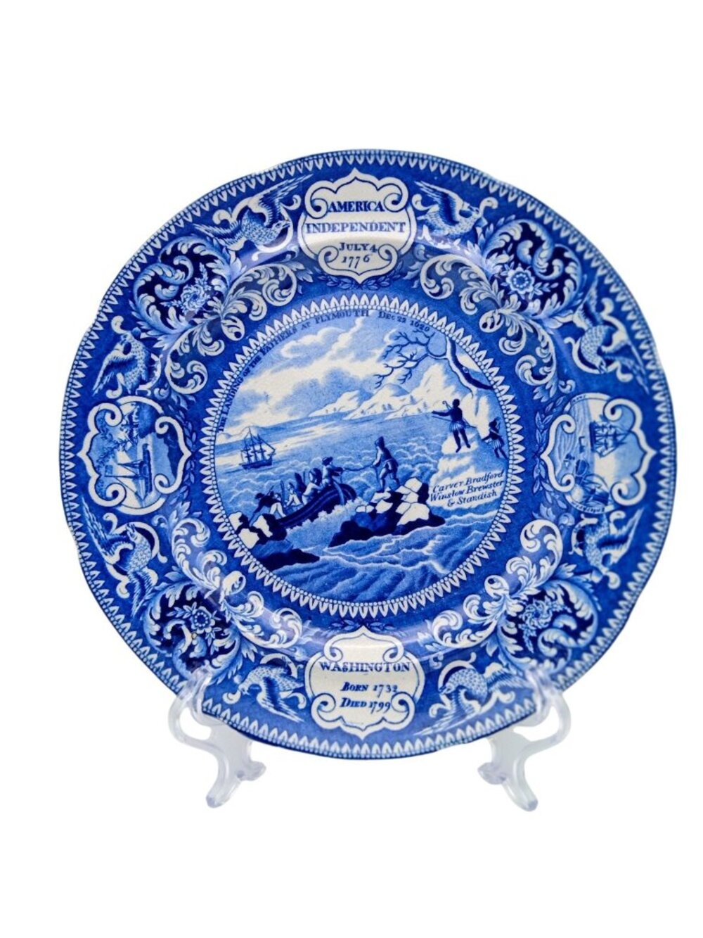 Enoch Wood & Sons Plymouth Landing Historical Plate Blue Transferware 10in